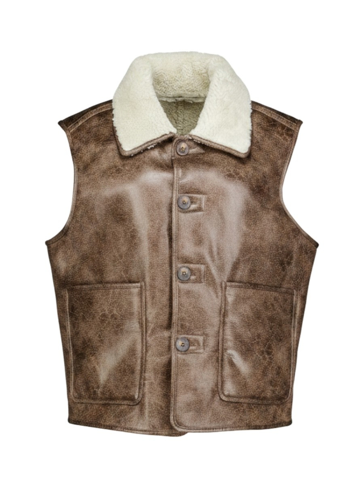 Bruine dubbelzijdige bodywarmer met craquelé leder en zacht imitatiebont Iris Withblack