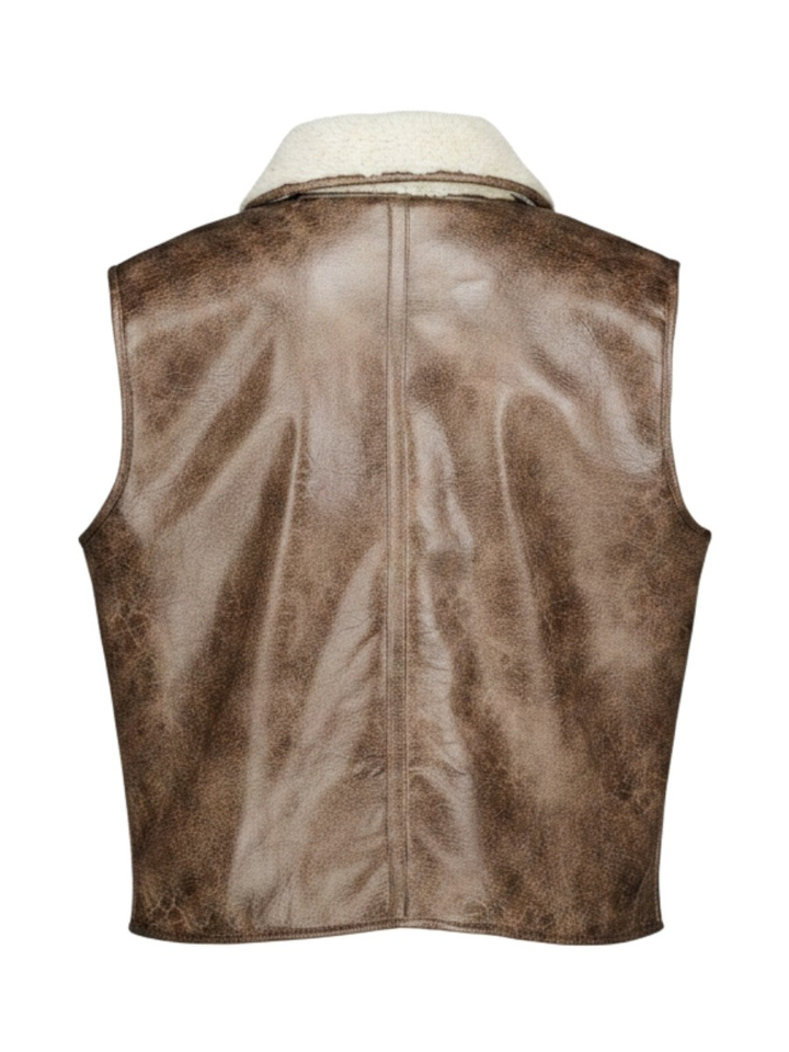 Bruine dubbelzijdige bodywarmer met craquelé leder en zacht imitatiebont Iris Withblack