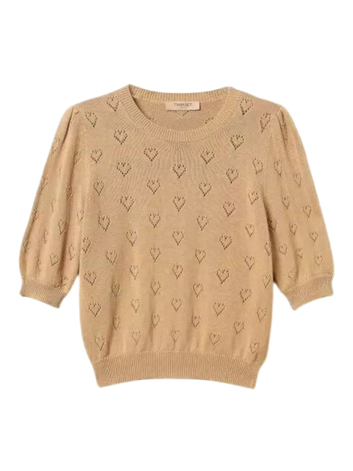 Camel kleurige trui met hartjes patroon Twinset 