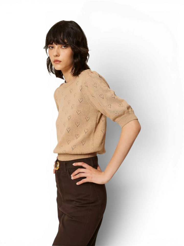 Camel kleurige trui met hartjes patroon Twinset 