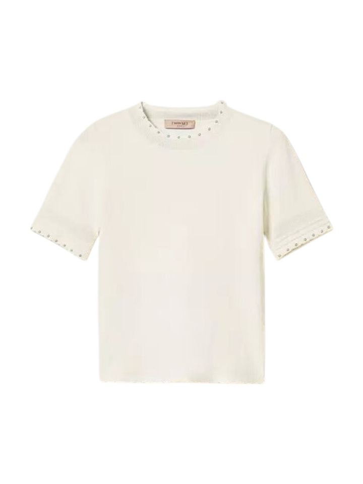 Ecrukleurige trui met geschulpte rand en studs Twinset