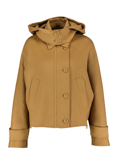 Camelkleurige korte mantel met wijde mouw en kap Twinset