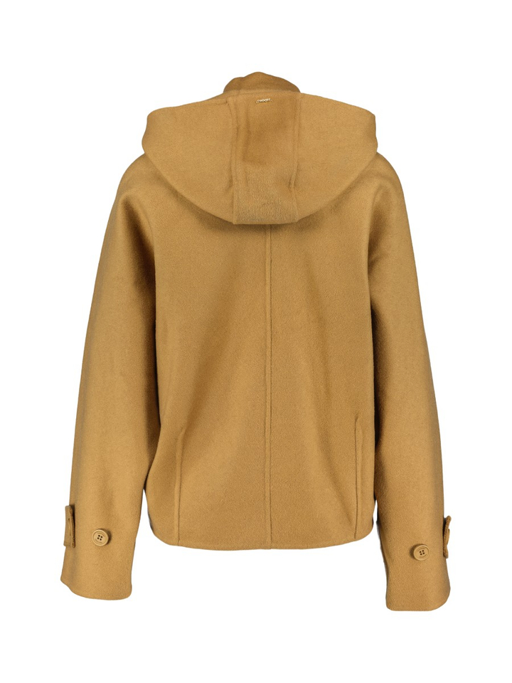 Camel kleurige korte mantel met wijde mouw en kap Twinset