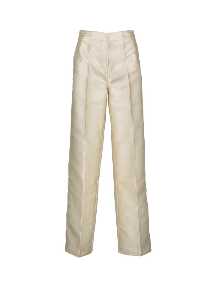 Ecrukleurige glanzende geklede broek met bandplooien Collectors Club