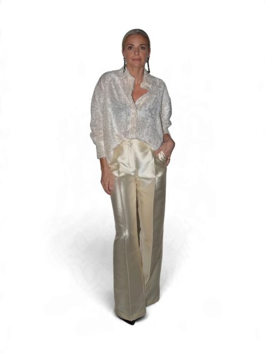 Ecrukleurige glanzende geklede broek met bandplooien Collectors Club