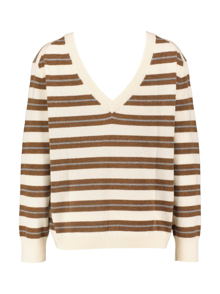 Gestreepte beige/bruine pull met v-rug KADE Collectors Club