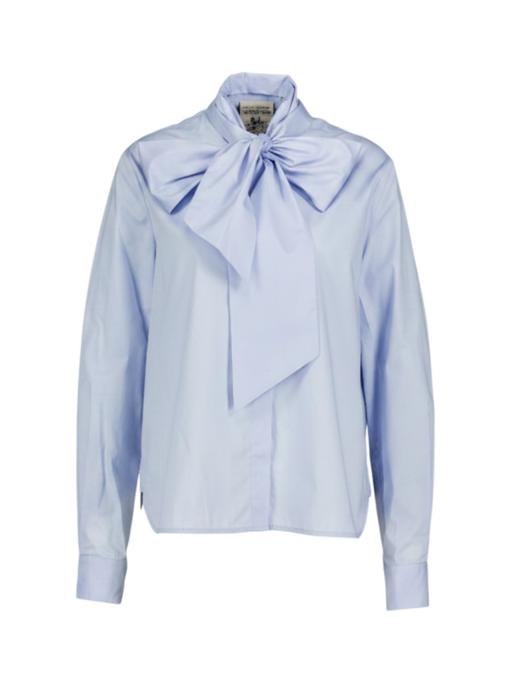 Lichtblauwe katoenen blouse met strik Semicouture