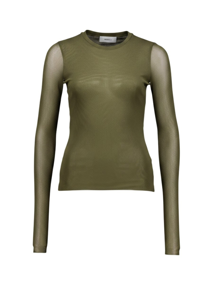 Groene aansluitende T-shirt met doorzichtige mouwen Meimeij