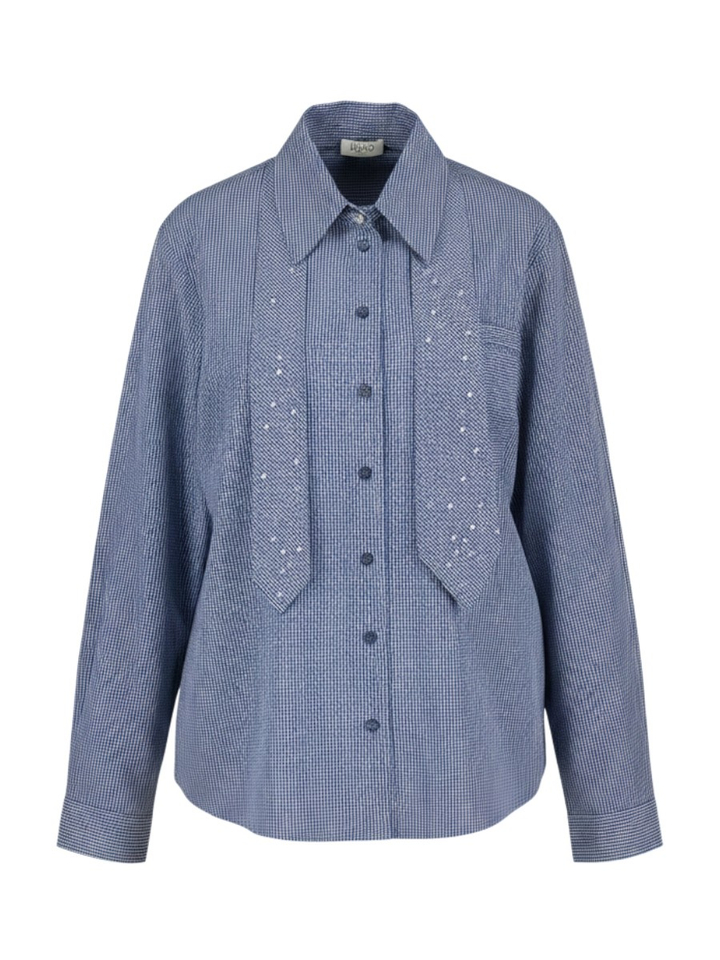 Blauw-witte geruite bloes met strass-borduursel en klassieke kraag Liu Jo