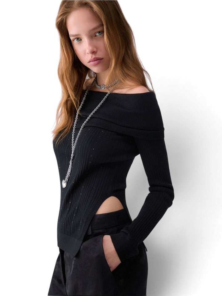 Zwarte off shoulder trui met strass Liu Jo