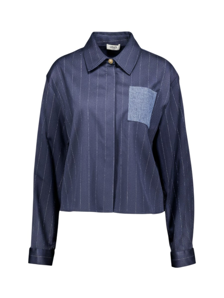 Blauw hemd met denim borstzak en verticale zilveren strepen Lui Jo