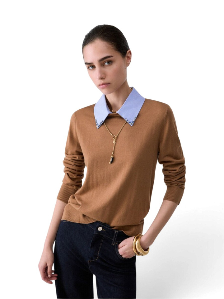 Bruine fijne pull met kraag en strass detail Liu Jo