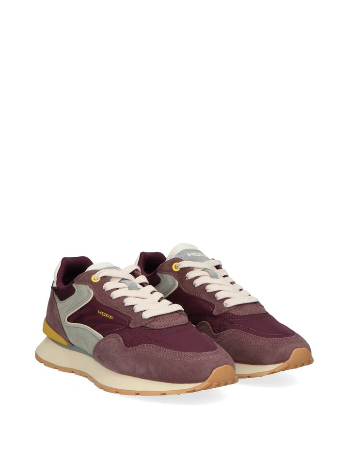 Aubergine kleurige lage sneakers met geel detail City Hoff 