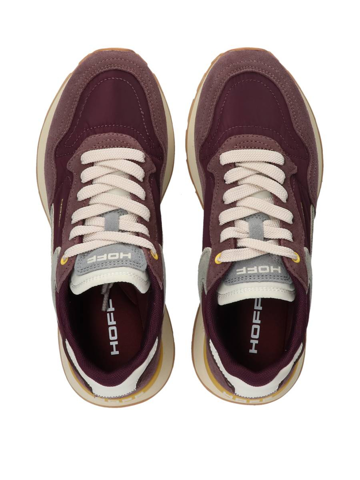Aubergine kleurige lage sneakers met geel detail City Hoff 