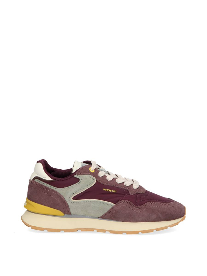 Aubergine kleurige lage sneakers met geel detail City Hoff 