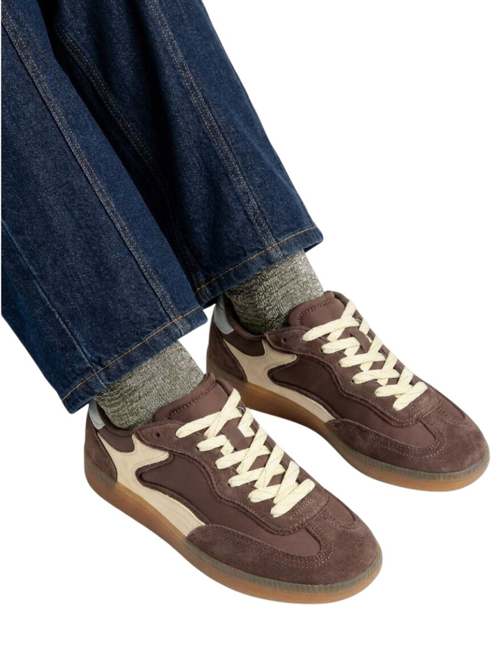 Donkerbruine lage sneakers met geel detail Park Hoff 