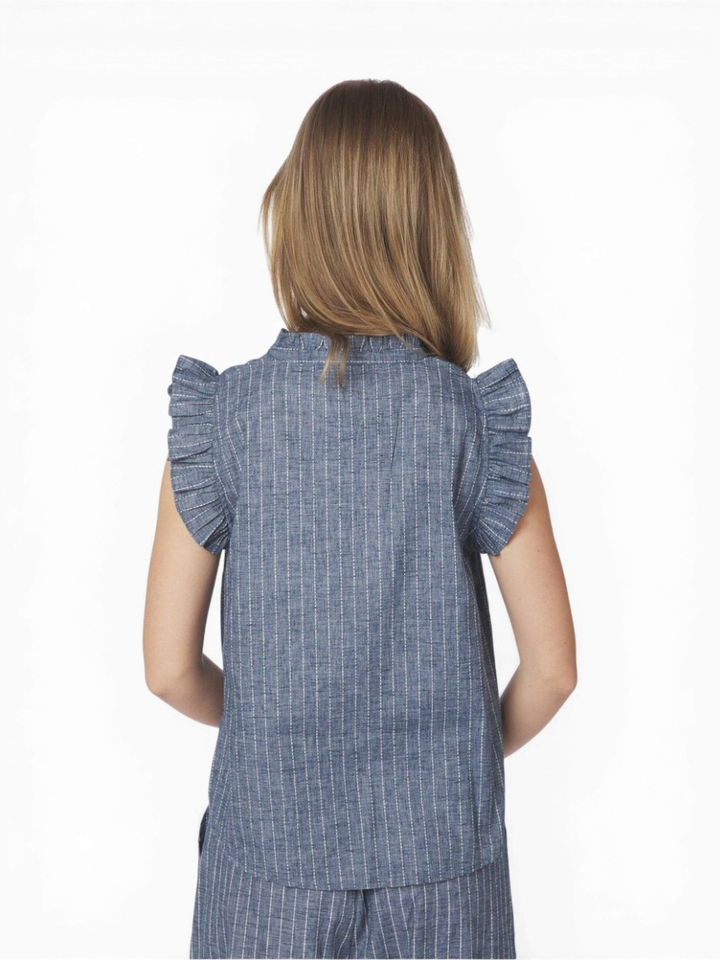 Blauwe mouwloze katoenen top met fijne krijtstreep Siona Neo Noir