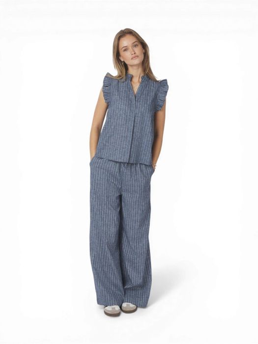 Blauwe katoenen broek met elastiek en fijne krijtstreep Heifa Neo Noir