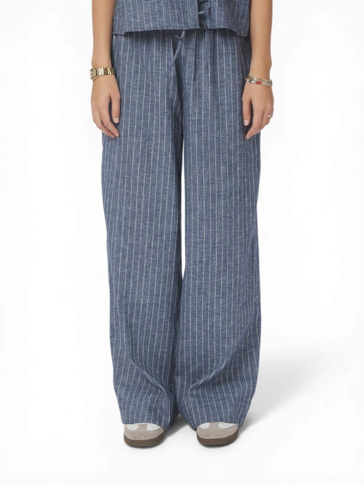 Blauwe katoenen broek met elastiek en fijne krijtstreep Heifa Neo Noir