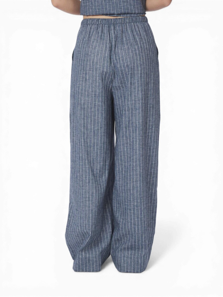 Blauwe katoenen broek met elastiek en fijne krijtstreep Heifa Neo Noir