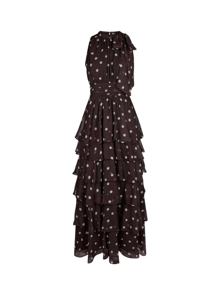 Donkerbruine maxi-jurk met witte bollen en franjes  Marli Neo Noir 