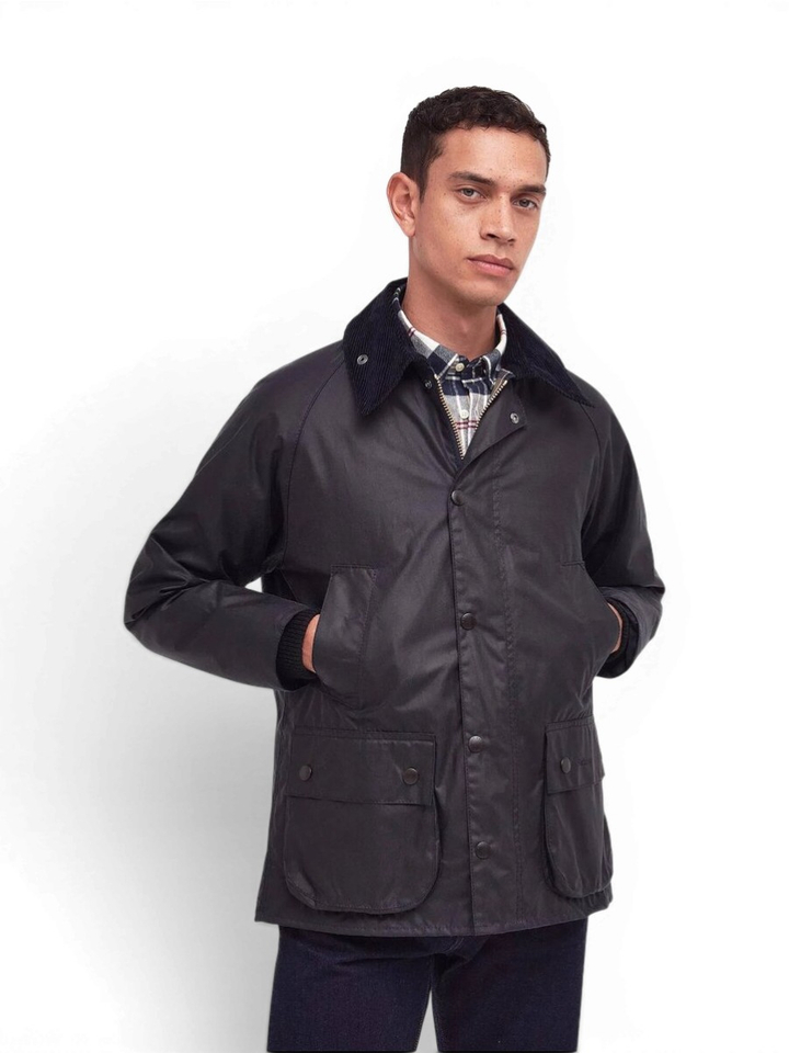 Blauwe waxedd jas met ribfluwelen kraag Barbour 