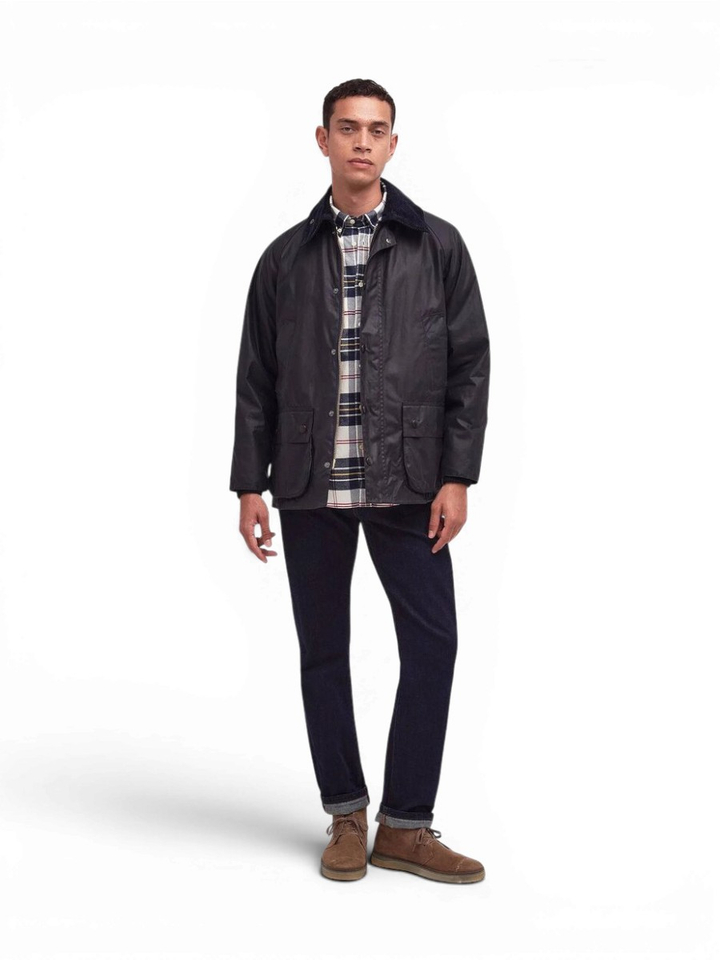 Blauwe waxedd jas met ribfluwelen kraag Barbour 