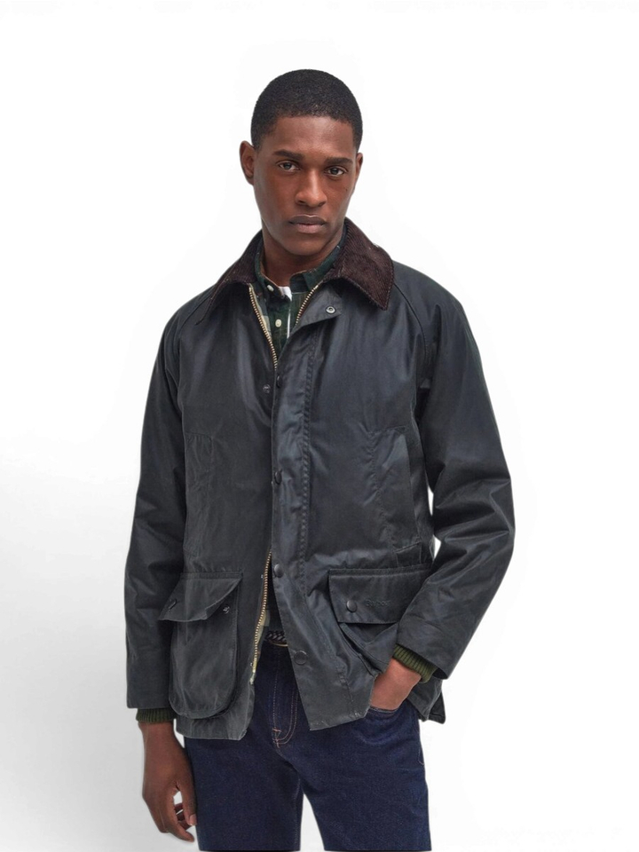 Kaki groene waxed jas met ribfluwelen kraag Barbour 