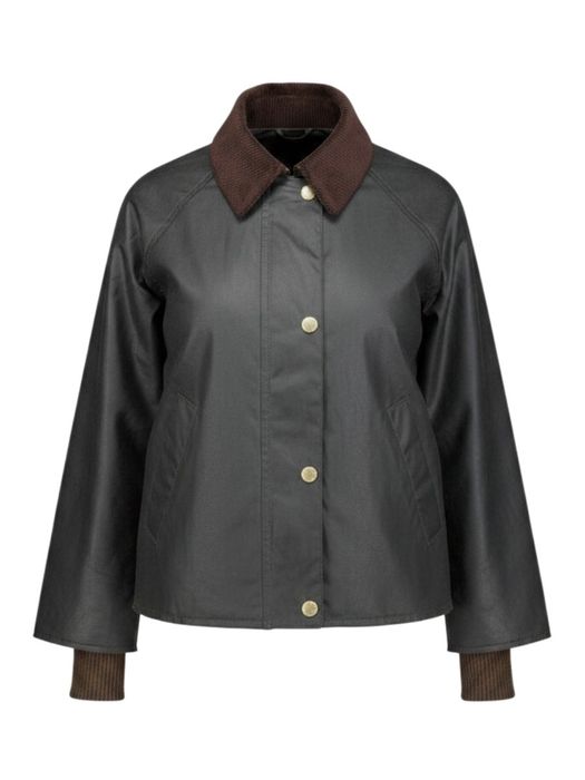 Kaki groene waxed jas met ribfluwelen kraag Barbour