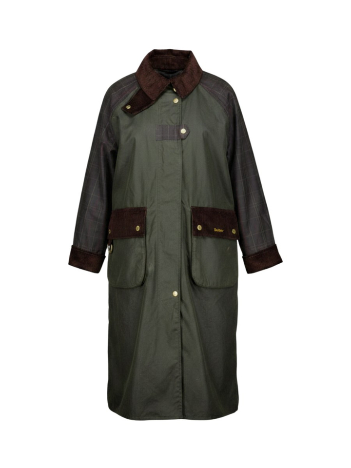 Kaki jas met geruite mouwen en ribfluwelen details Barbour