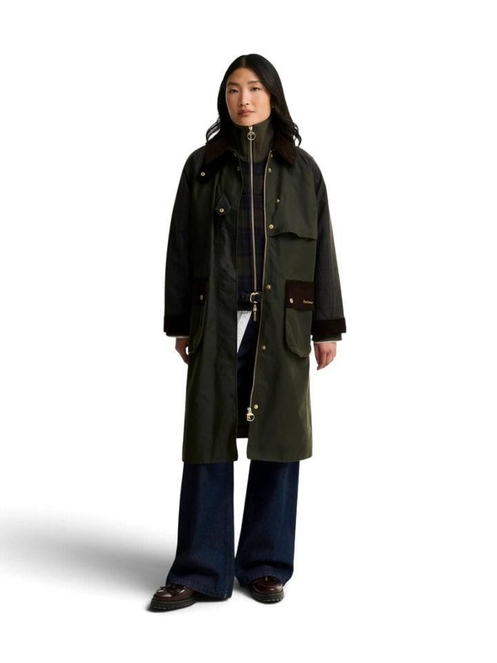 Kaki jas met geruite mouwen en ribfluwelen details Barbour 
