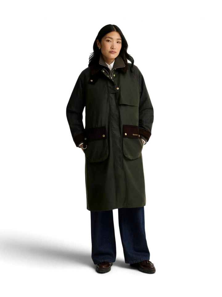 Kaki jas met geruite mouwen en ribfluwelen details Barbour 