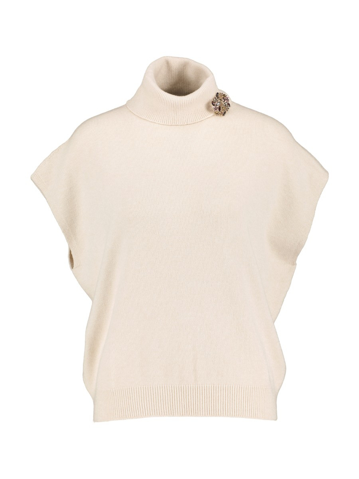 Beige mouwloze trui met rolkraag en broche Rodolfo Kocca
