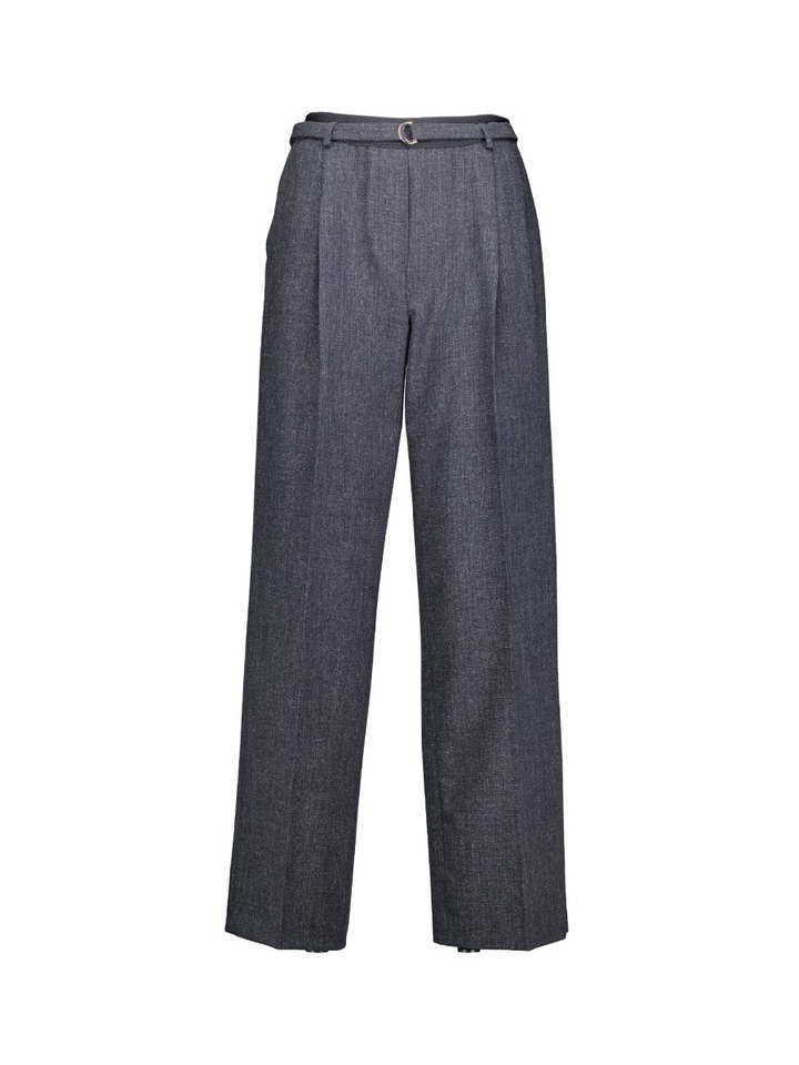 Donkerblauwe getailleerde broek met hoge taille en riemlussen, afgewerkt met een riem met een metalen gesp FOZIO Kocca