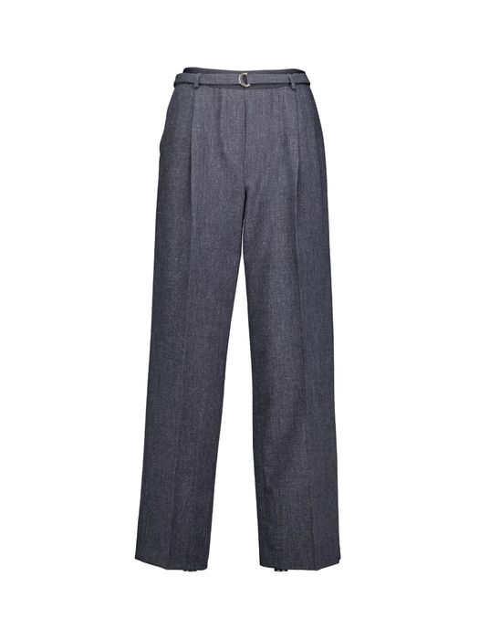 Donkerblauwe getailleerde broek met hoge taille en riemlussen, afgewerkt met een riem met een metalen gesp FOZIO Kocca
