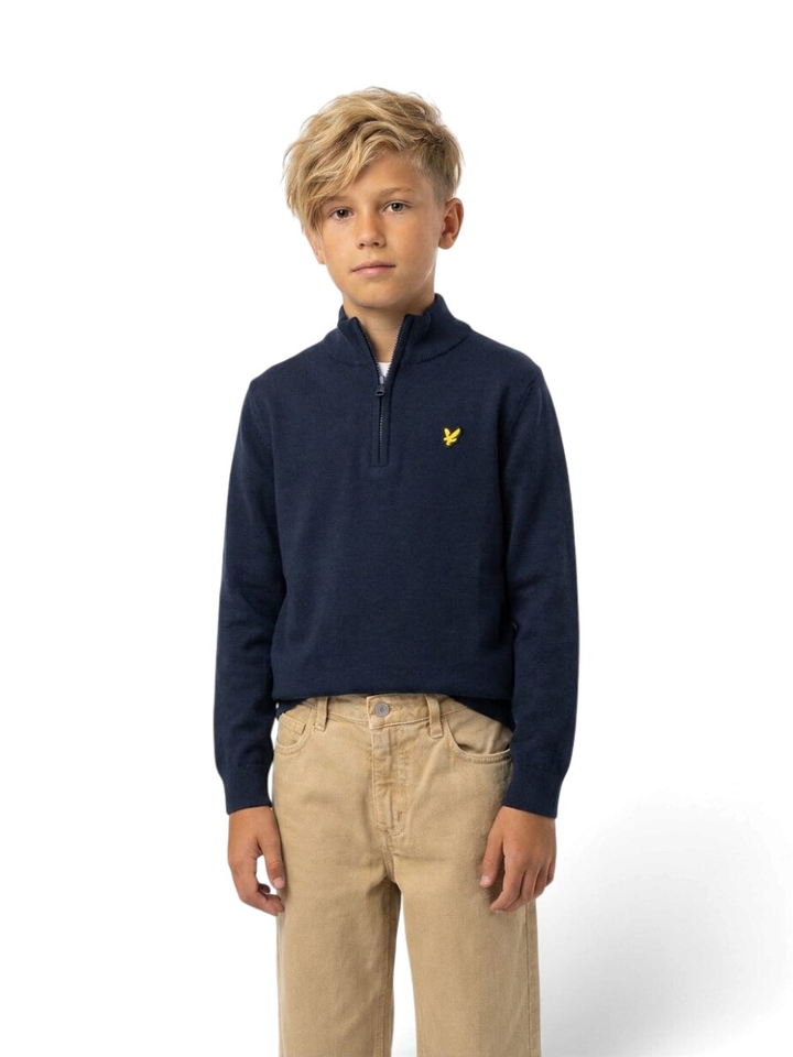 Donkerblauwe trui met opstaande kraag en korte rits Lyle&Scott 