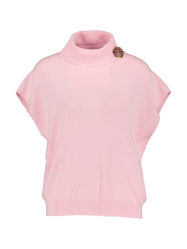 Roze mouwloze trui met rolkraag en broche Rodolfo Kocca
