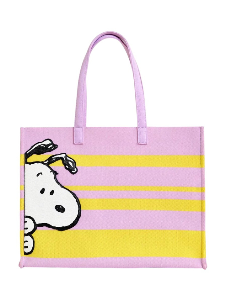 Lila en geel gestreepte boodschappentas met afbeeldingen van Peanuts Snoopy en zwarte tekst Jobba Essentiel