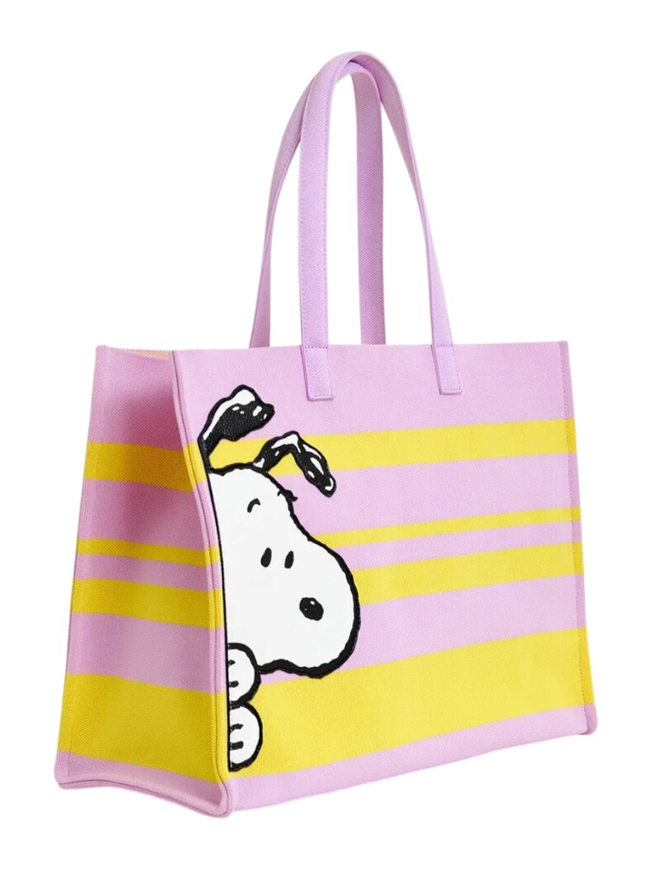Lila en geel gestreepte boodschappentas met afbeeldingen van Peanuts Snoopy en zwarte tekst Jobba Essentiel