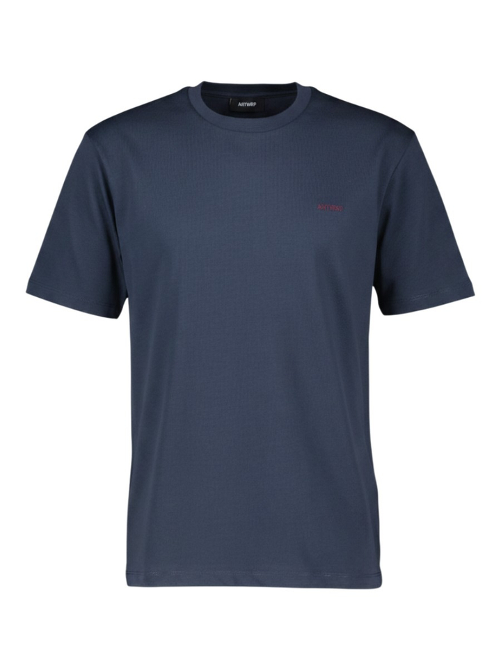 Donkerblauwe katoenen T-shirt met bordeaux opdruk Antwrp