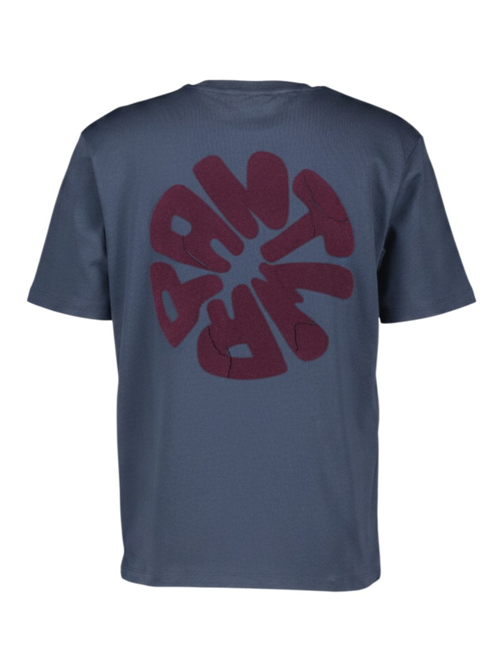 Donkerblauwe katoenen T-shirt met bordeaux opdruk Antwrp