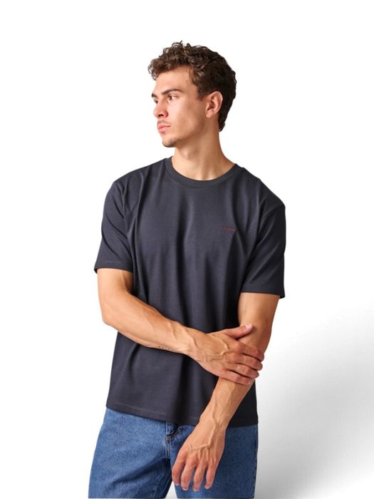 Donkerblauwe katoenen T-shirt met bordeaux opdruk Antwrp