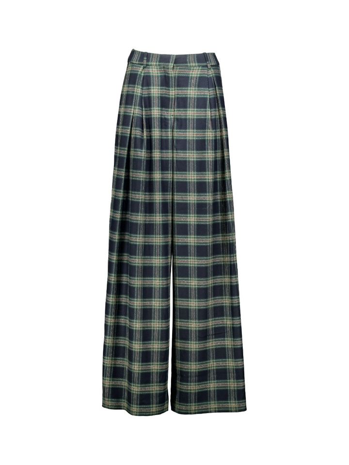 Dark navy wijde geruiten broek met bandplooien Mon AC