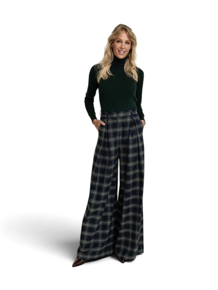 Dark navy wijde geruite broek met bandplooien Mon AC