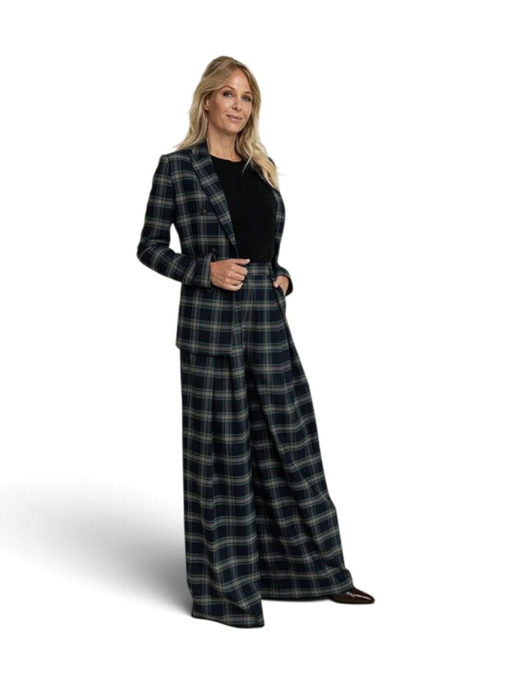Dark navy wijde geruite broek met bandplooien Mon AC