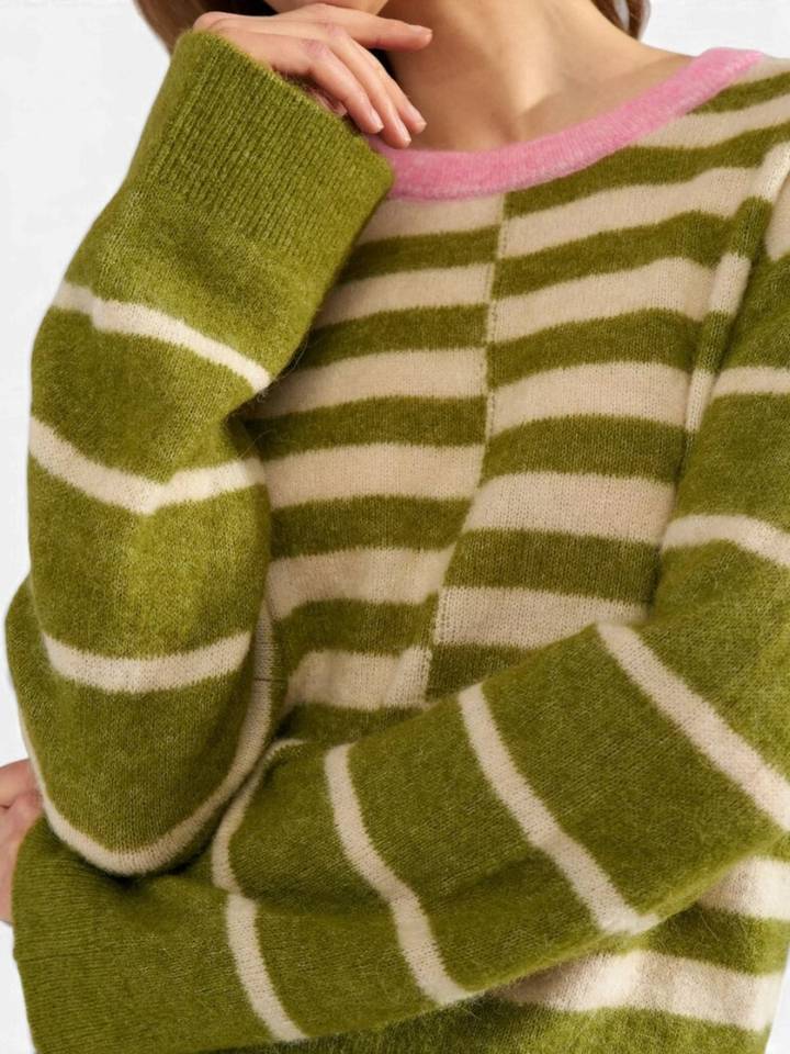 Groen ecru trui met blokstrepen Nuriette block stripe Numph