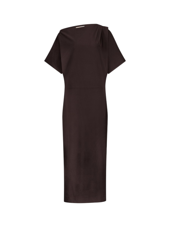 Bruine maxi-jurk met waterval hals Ineke Studio Anneloes 