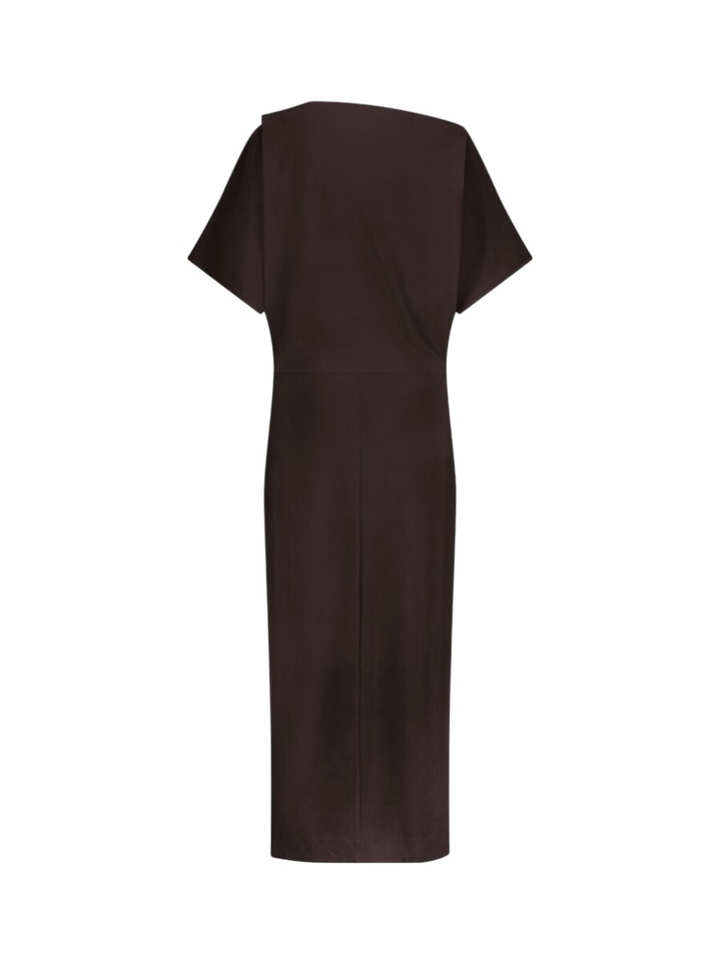 Bruine maxi-jurk met waterval hals Ineke Studio Anneloes 