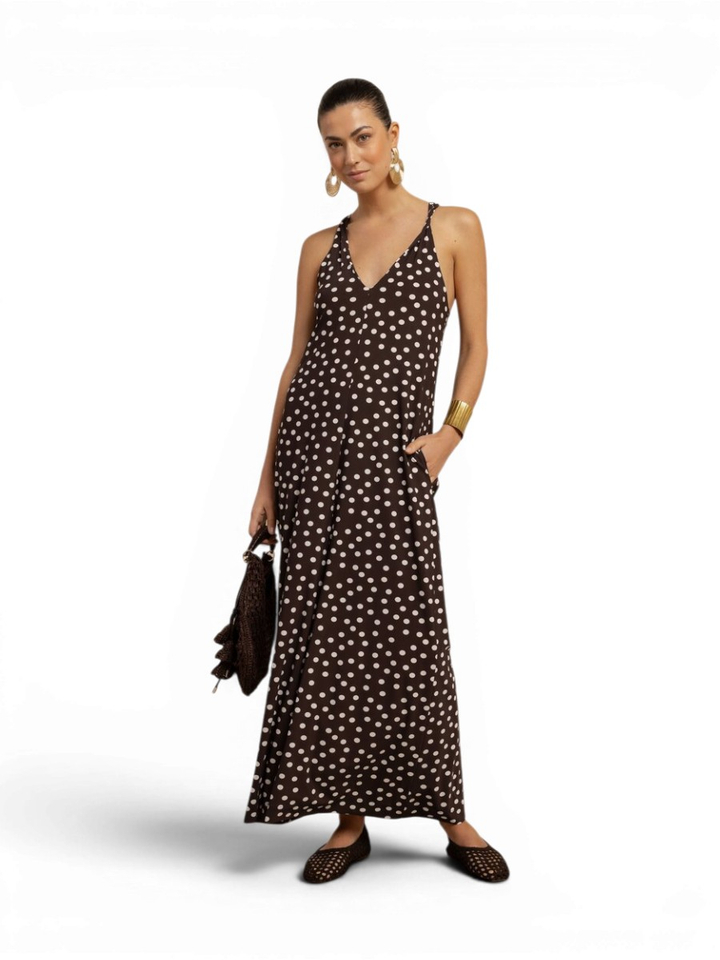 Bruine maxi-jurk met polkadot print Norah Dot Studio Anneloes