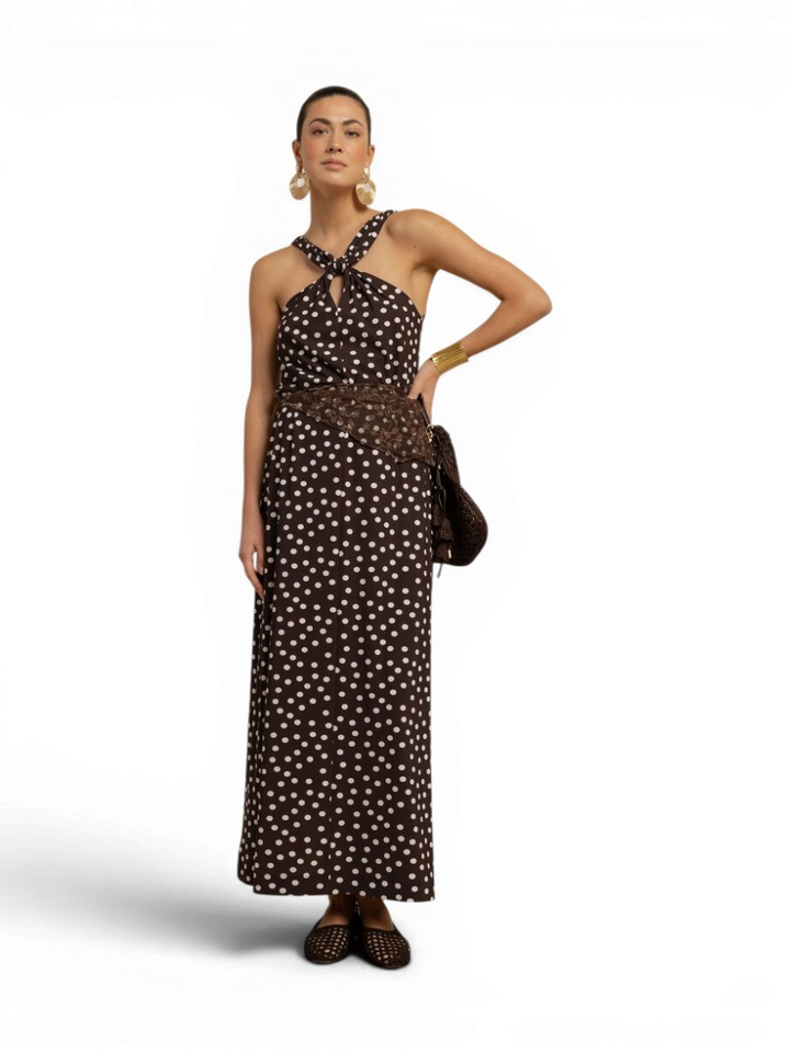 Bruine maxi-jurk met polkadot print Norah Dot Studio Anneloes